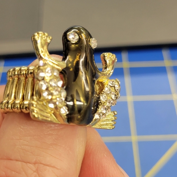 Frog Rhinestone Silver Tone Adjustable Ring - Picture 2 of 6